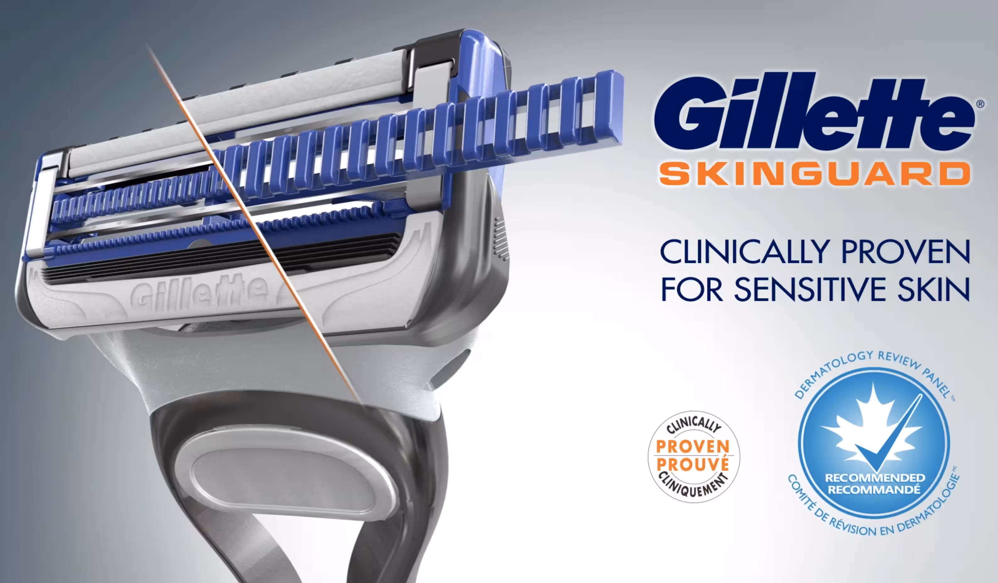 Gillette SkinGuard razor displayed with text stating “Clinically Proven for Sensitive Skin.”