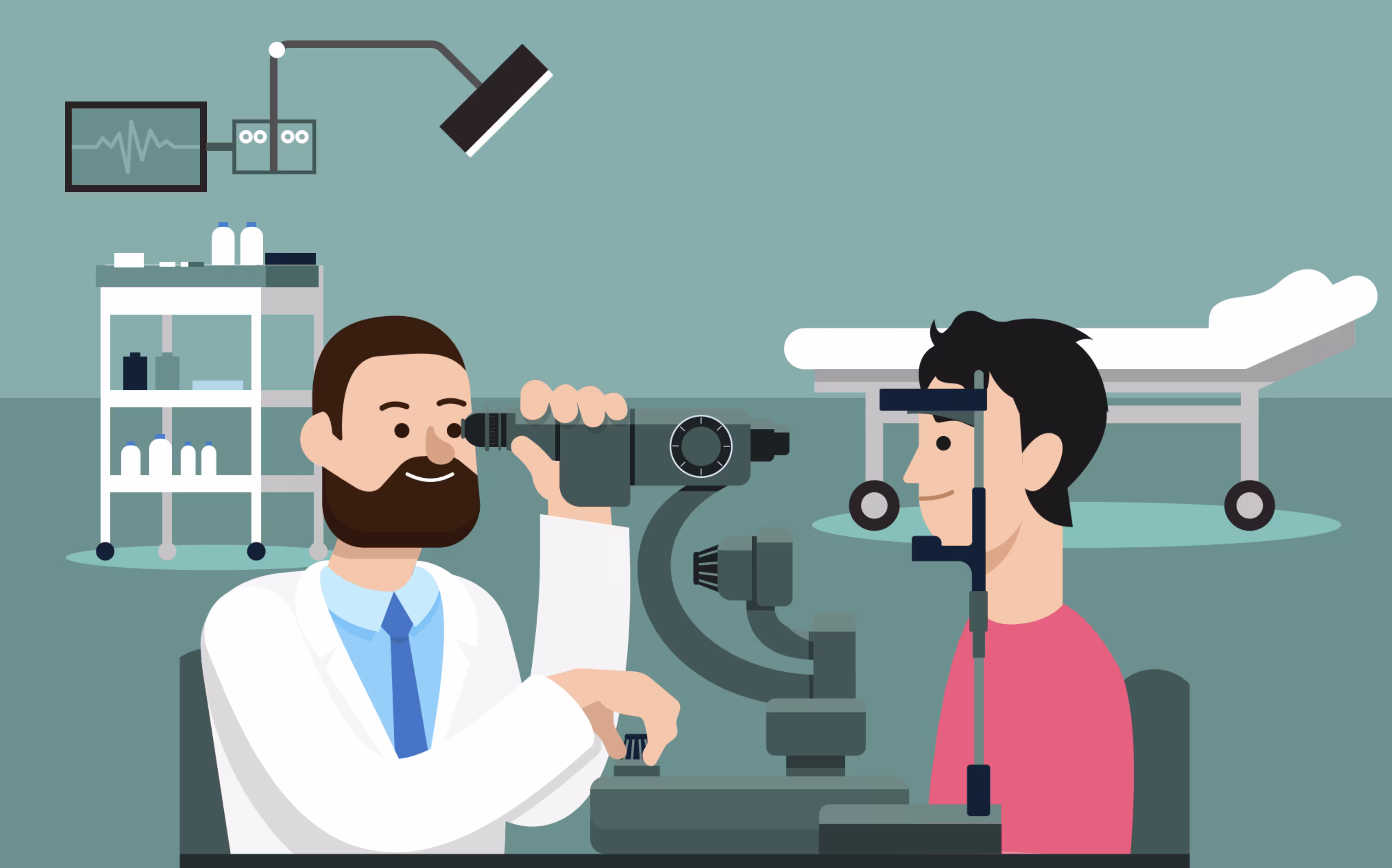 Illustration of an eye doctor examining a patient using a slit lamp microscope in a clinical setting.