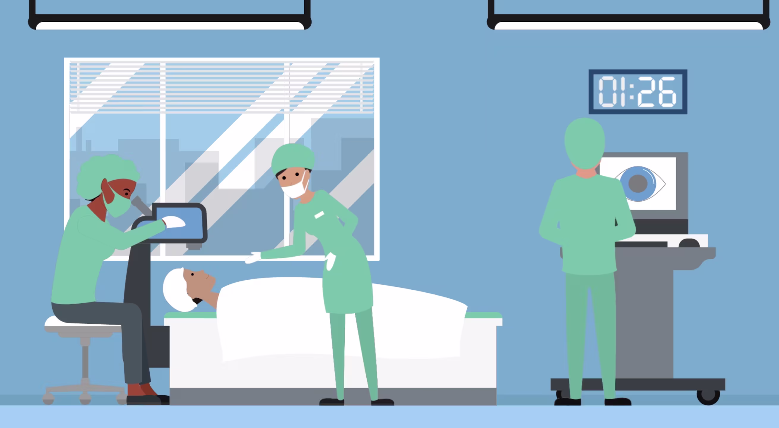 Illustration of a surgical team performing an eye operation in an operating room with monitoring equipment.